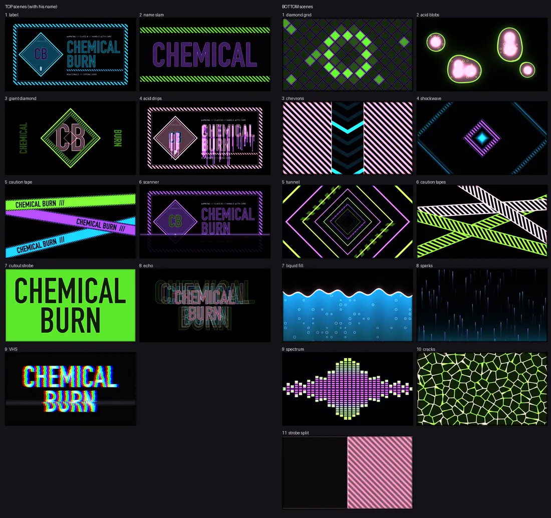 Contact sheet of every scene in the Chemical Burn set: name scenes such as caution tape, VHS and cutout strobe, and visual scenes such as tunnel, cracks and spectrum