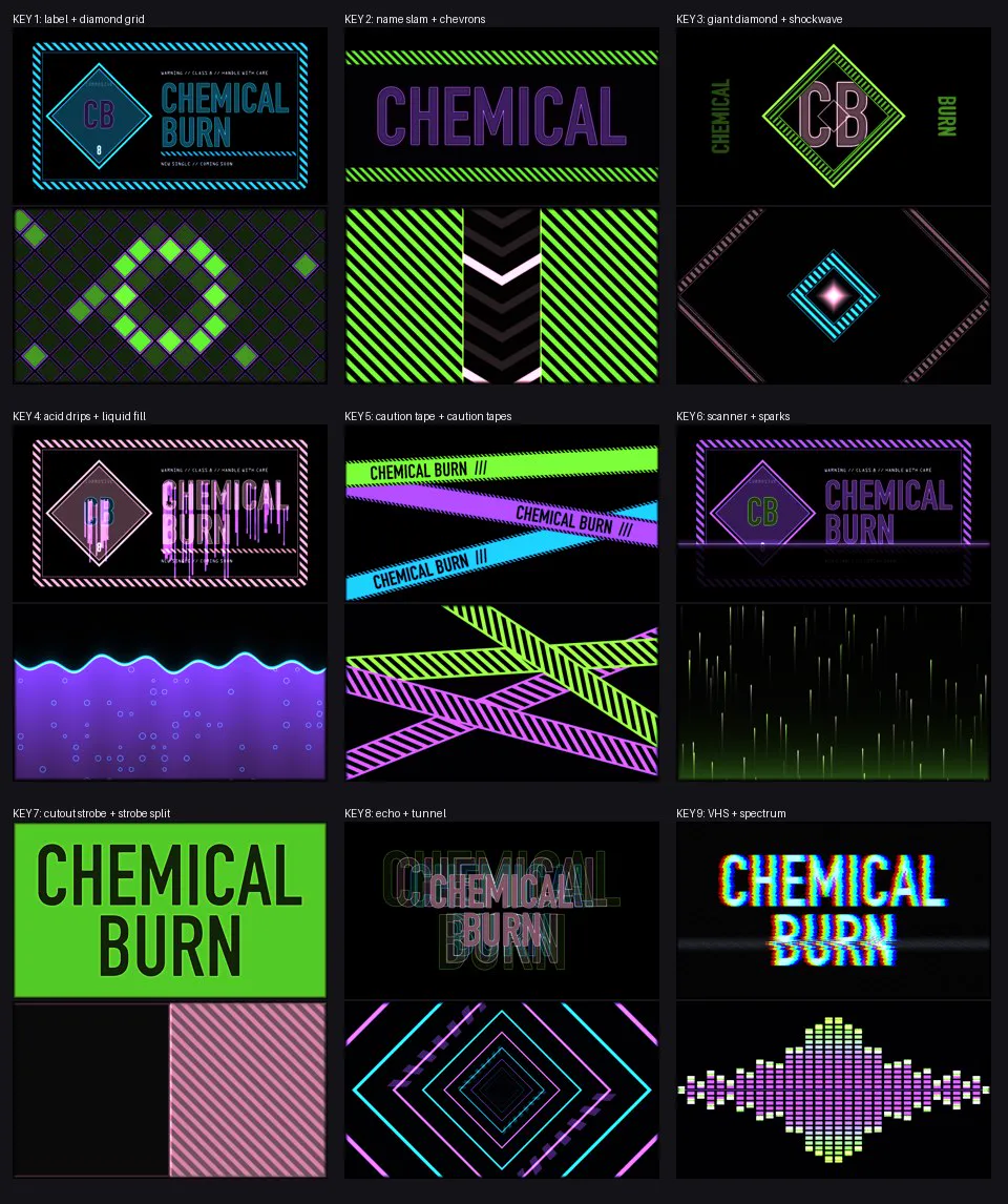 The nine keyboard scenes of the Chemical Burn projection set