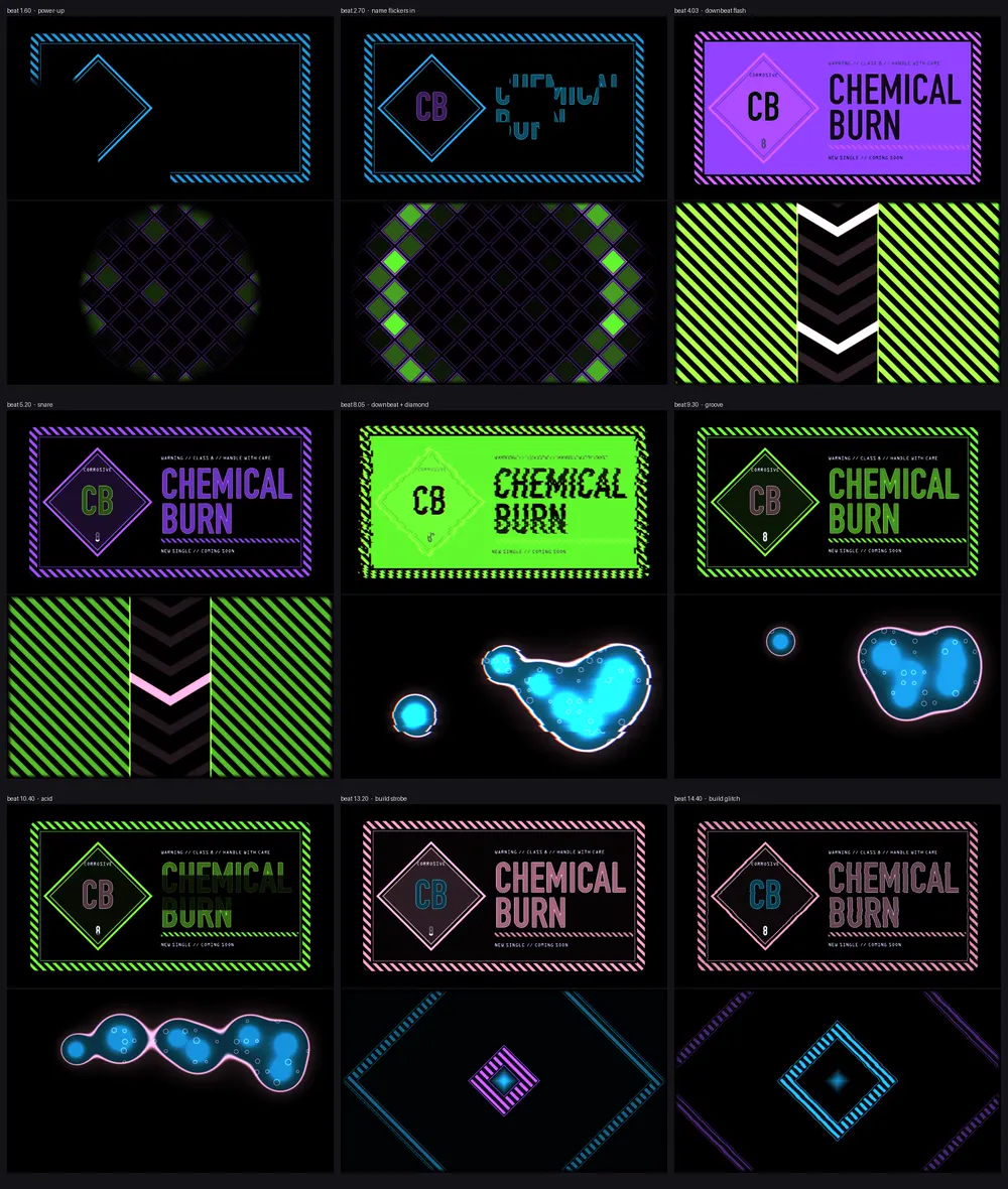 Nine frames of the Chemical Burn projection set at different beats of his song